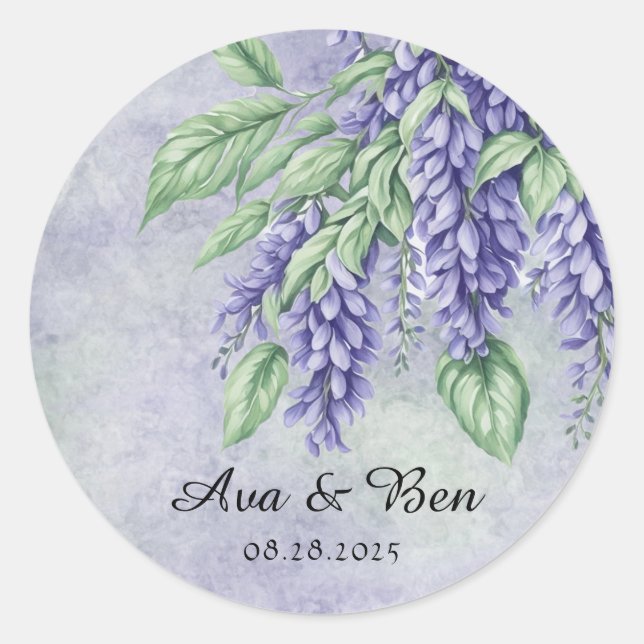 Lavender Wisteria Flowers Marble Wedding Classic Round Sticker (Front)