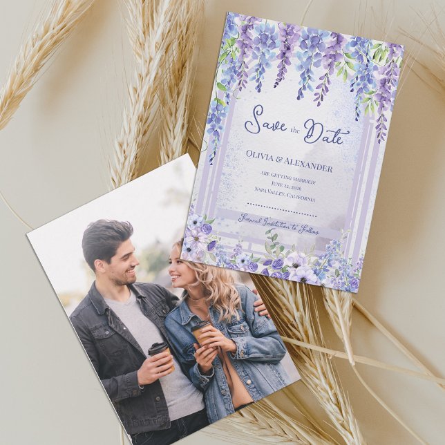 Lavender Wisteria Garden Romantic Photo Wedding Announcement (Lavender Wisteria Garden Photo Save the Date Card | Purple Floral Wedding Announcement)