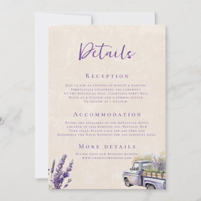 Lavender Wisteria Vintage Truck Wedding Details Invitation (Front)