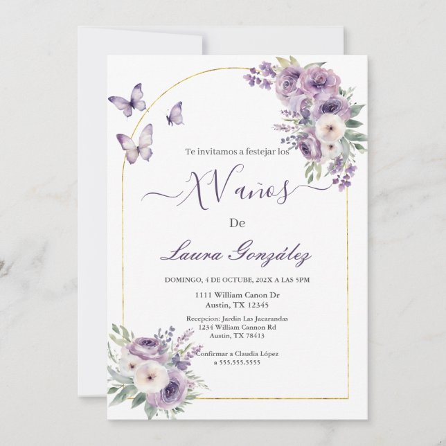 Lavender with butterflies Quinceanera spanish Invitation (Front)