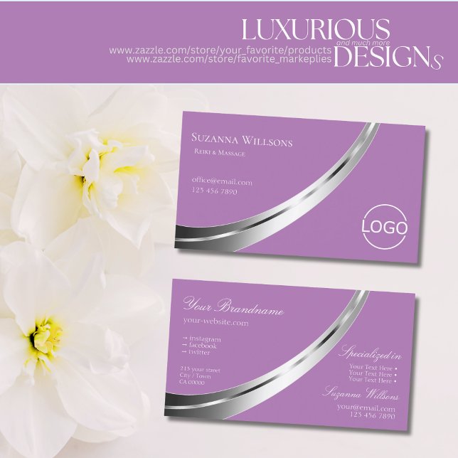 Lavender with Silver Decor and Logo Stylish Business Card (Creator Uploaded)