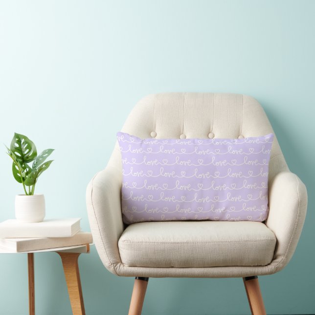 LAVENDER WITH WHITE SCRIPT LOVE & HEARTS LUMBAR CUSHION (Chair)