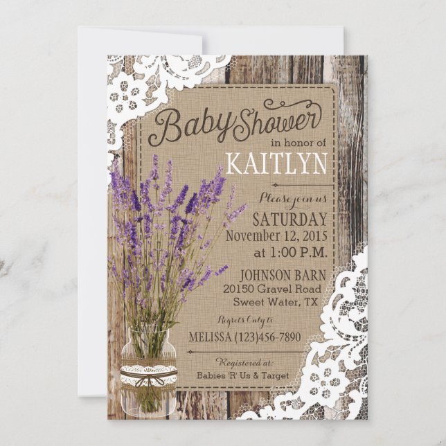 Lavender Wood Lace Rustic Baby Shower Invitation (Front)