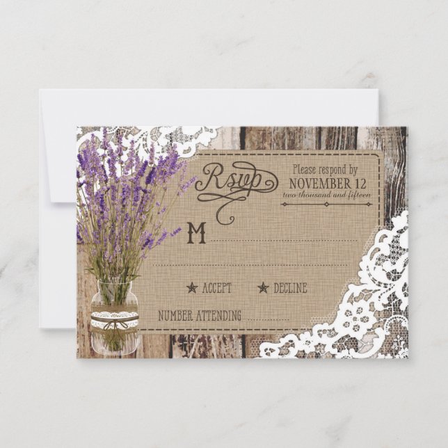 Lavender Wood Lace Rustic RSVP Card (Front)