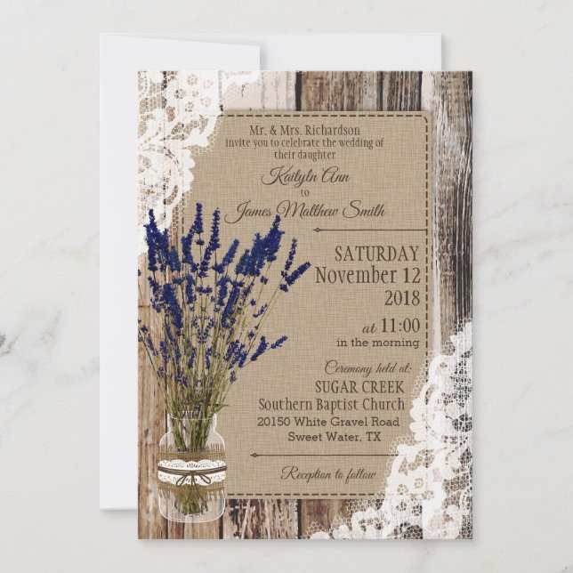 Lavender Wood Lace Rustic Wedding Invitation (Front)