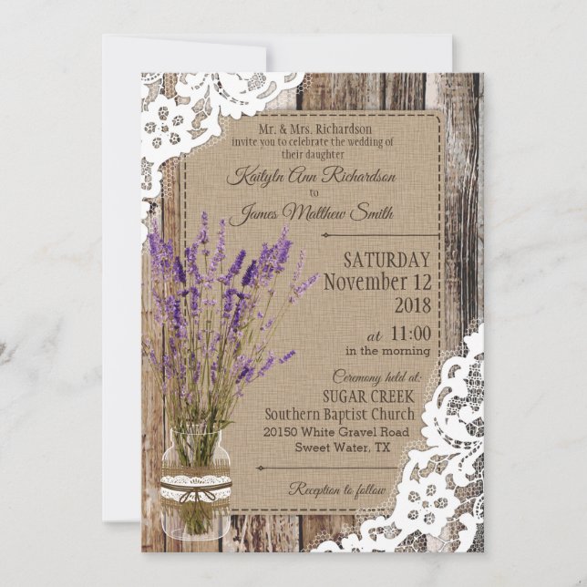 Lavender Wood Lace Rustic Wedding Invitation (Front)