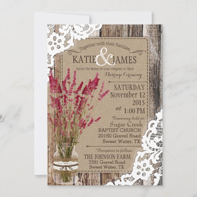 Lavender Wood Lace Rustic Wedding Invitation (Front)