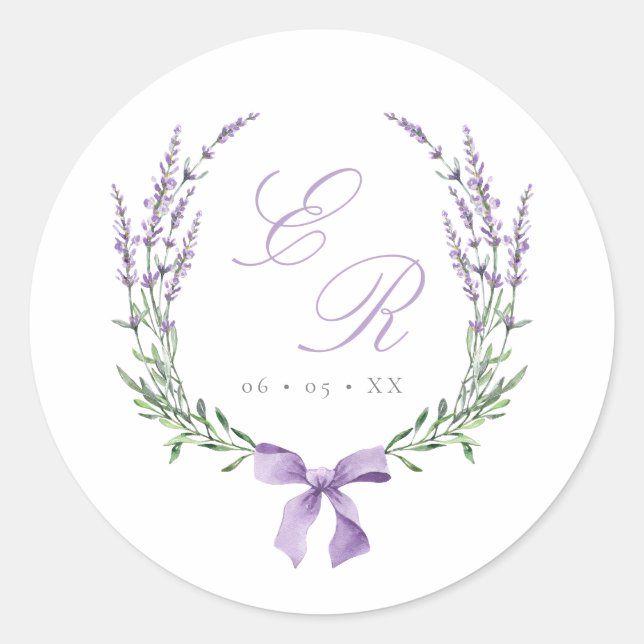 Lavender Wreath & Bow Monogram Wedding Classic Round Sticker (Front)