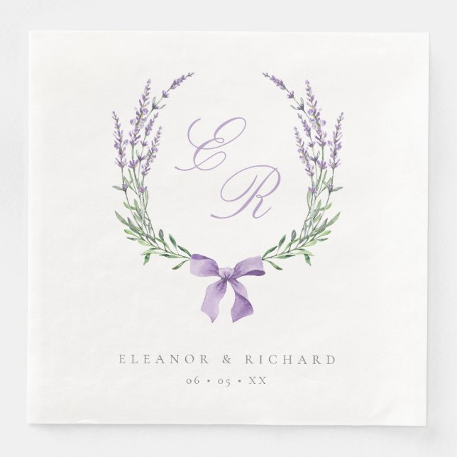 Lavender Wreath & Bow Monogram Wedding Napkin (Front)