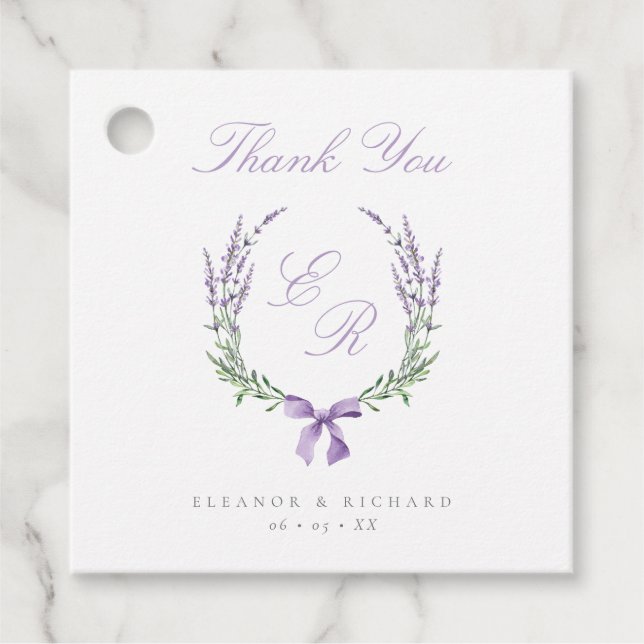 Lavender Wreath & Bow Monogram Wedding Thank You Favour Tags (Front)