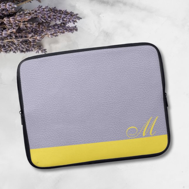 Lavender Yellow Fancy Monogrammed Laptop Sleeve (a lovely lavender and lemon laptop sleeve with space for your initial)
