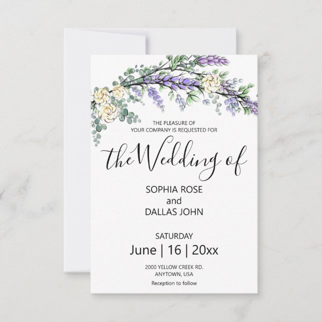 Lavender Yellow Rose Eucalyptus elegant floral Invitation (Front)
