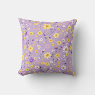 Lavender Yellow Wildflower Meadow Cottagecore Cushion