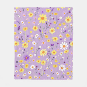 Lavender Yellow Wildflower Meadow Cottagecore Fleece Blanket