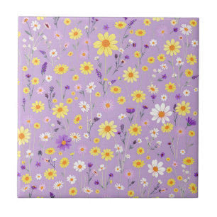 Lavender Yellow Wildflower Meadow Cottagecore Tile