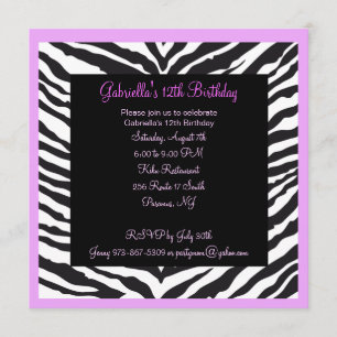 Lavender Zebra Girls Birthday Invite