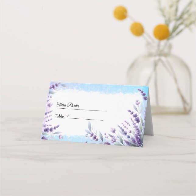 Lavenders and Blue Elegant Floral Watercolor Place Card (Front)
