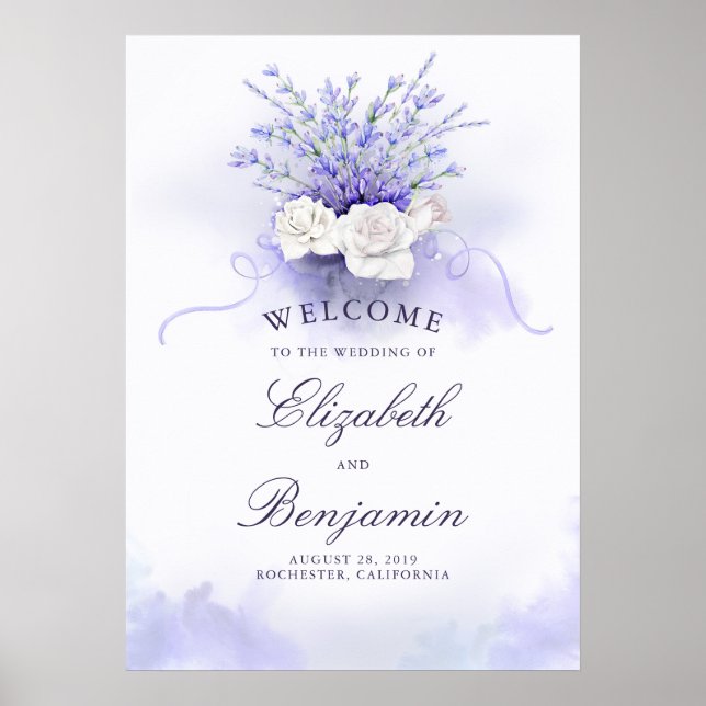 Lavenders and White Roses Wedding Welcome Sign (Front)
