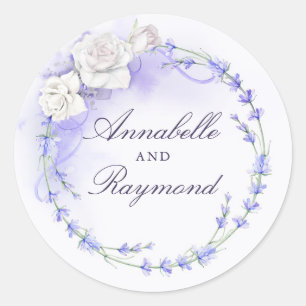 Lavenders and White Roses Wreath Elegant Classic Round Sticker