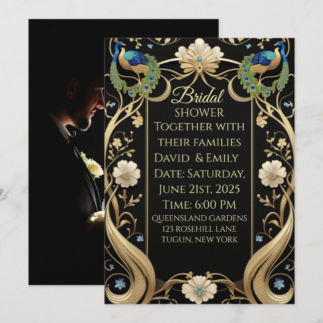 Lavish Art Nouveau Black and Gold Wedding Invitati Invitation (Front/Back)