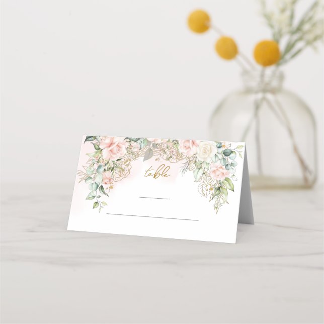 Lavish blush roses bouquet wedding place card (Front)