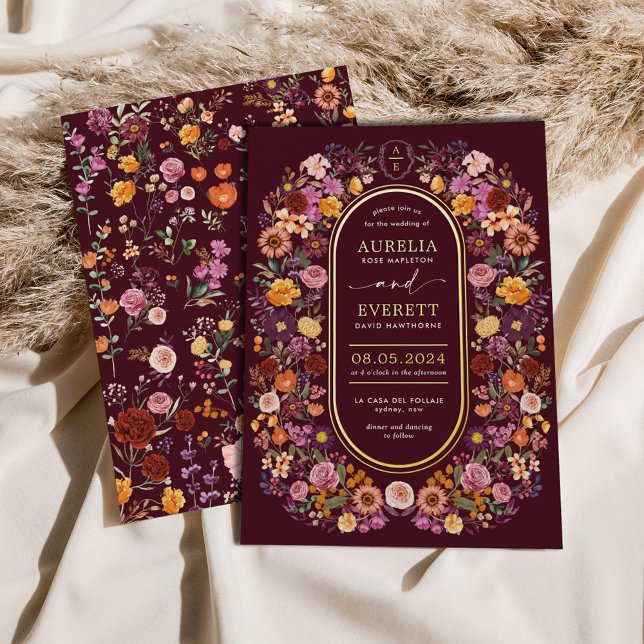 Lavish Burgundy Wildflowers Monogram Crest Wedding (Creator Uploaded)