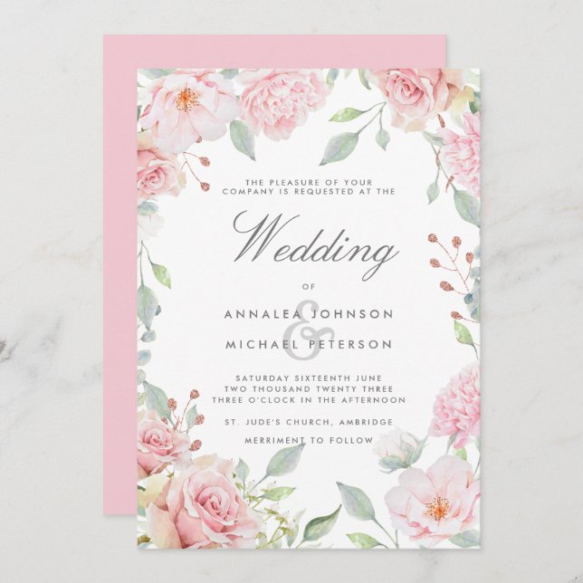 Lavish Pink Roses Frame Wedding Invitation (Front/Back)