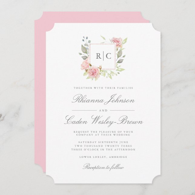 Lavish Pink Roses Monogram Frame Wedding Invitation (Front/Back)