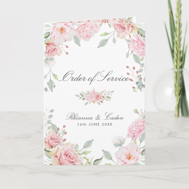 Lavish Pink Roses Wedding Folded Booklet Programme (Front)