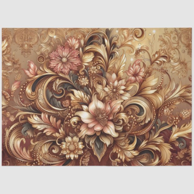 Lavish Rose Gold Baroque Floral Decoupage Tissue Paper (Front)