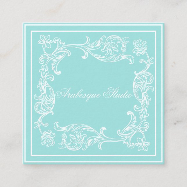 Lavish Scroll and Frame Aqua and White Decorative Square Business Card (Front)