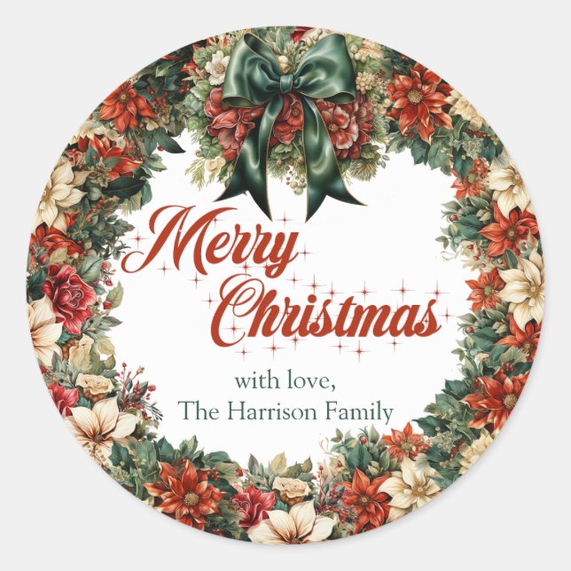 Lavish wreath forest green ribbon and lux gold classic round sticker (Front)