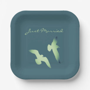 LavishlyOn Elegant Script Just Married Seagulls Paper Plate