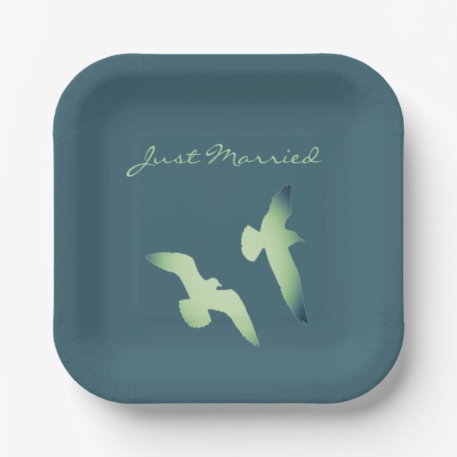 LavishlyOn Elegant Script Just Married Seagulls Paper Plate (Front)