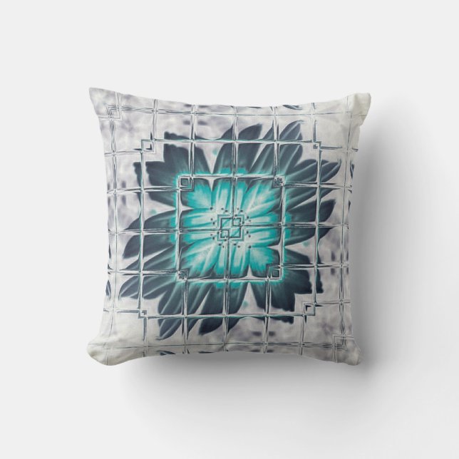 LavishlyOn Teal Grey Etched Floral Leaf Burst Cushion (Front)