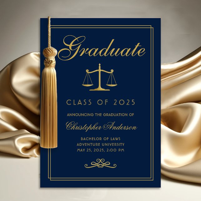 Law Blue Gold Scales of Justice College Graduation Announcement (Navy blue and gold scales of justice college graduation announcement for lawyers)