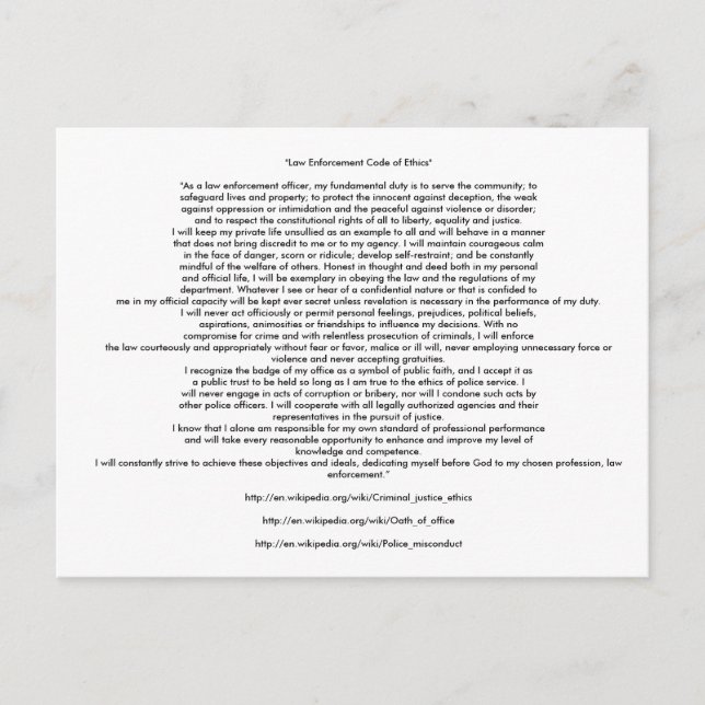 LAW ENFORCEMENT CODE OF ETHICS POSTCARD (Front)