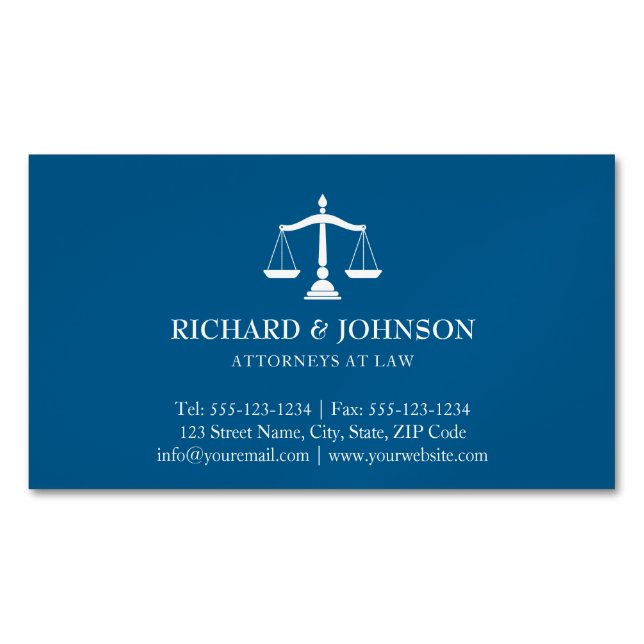 Law Firm Blue Scales of Justice Lawyers Solicitor Magnetic Business Card (Front)