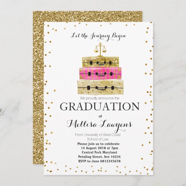 Law Graduation Party Invitation Pink Gold confetti (Front/Back)