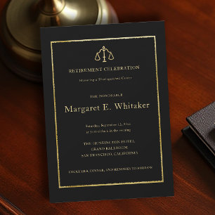 Law Lawyer Judge Black Gold Elegant Retirement Invitation