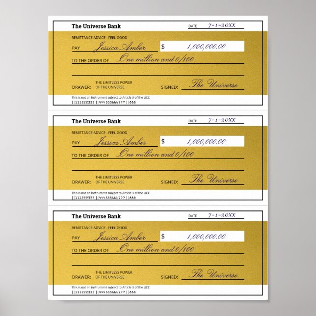 Law of Attraction 3 Blank Printable Gold Checks Poster (Front)