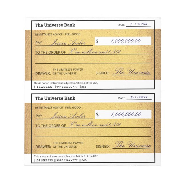 Law of Attraction Blank Money Check Gold 5.5" x 6" Notepad (Front)