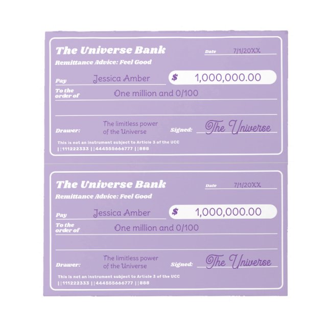 Law of Attraction Cute Pastel Purple Blank Checks Notepad (Front)