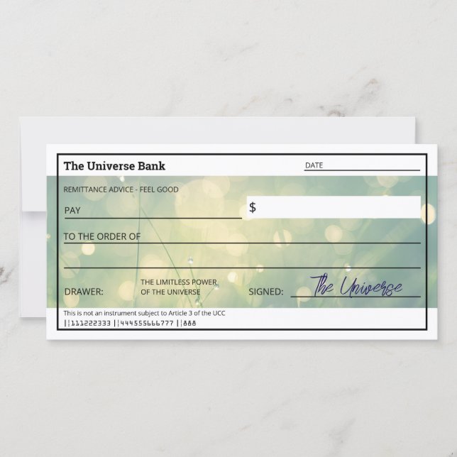 Law of Attraction Green Abundance Cheque Flat Card (Front)