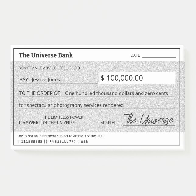Law of Attraction Silver Glitter Girly Blank Check Post-it Notes (Front)