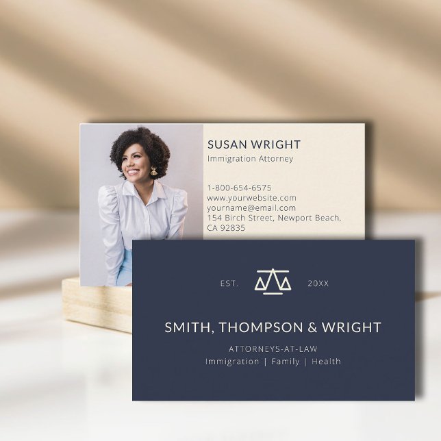 Law Office Logo Legal Lawyer Navy Photo Minimalist Business Card (law lawyer attorney paralegal professional business card logo social media classic navy year minimal)