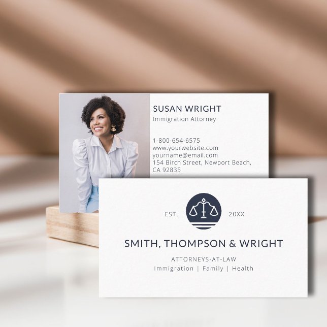 Law Office Logo Legal Lawyer Navy Stripes Photo Business Card (law lawyer attorney paralegal professional business card logo social media classic navy year est)