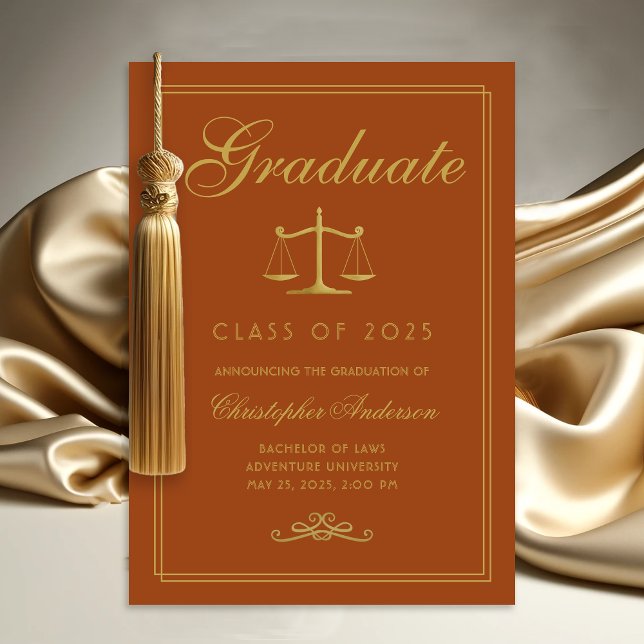 Law Orange Gold Scales of Justice Graduation Announcement (Orange and gold scales of Justice college graduation announcement for lawyers)