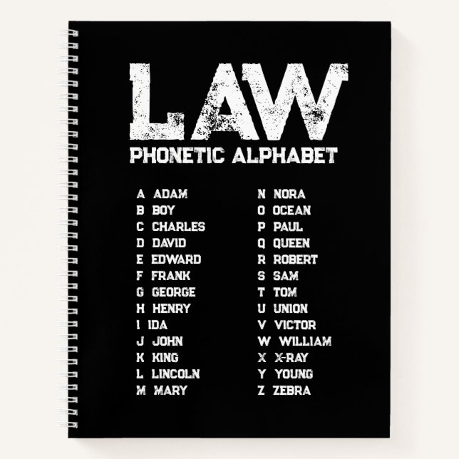 LAW Phonetic Alphabet – Black Spiral Notebook (Front)