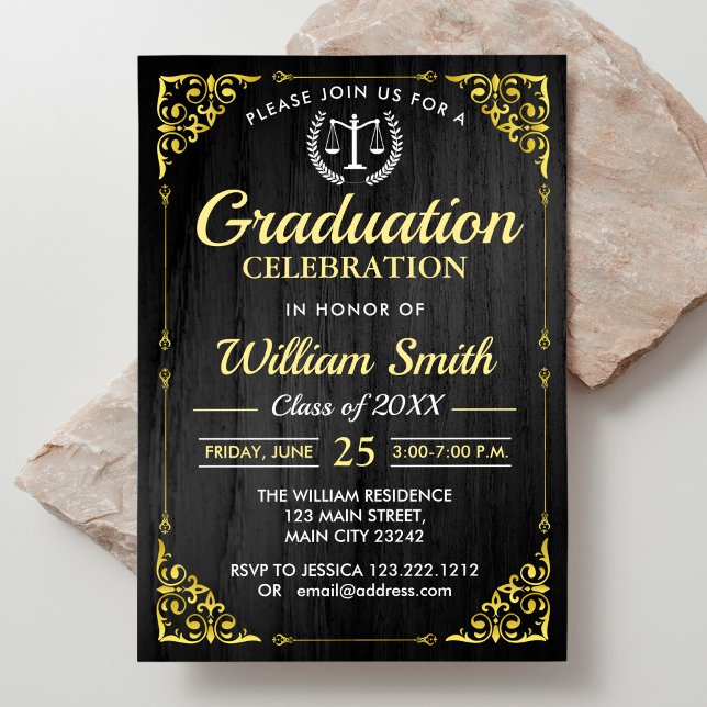 Law School Elegant Golden Graduation With Photo Invitation (Creator Uploaded)